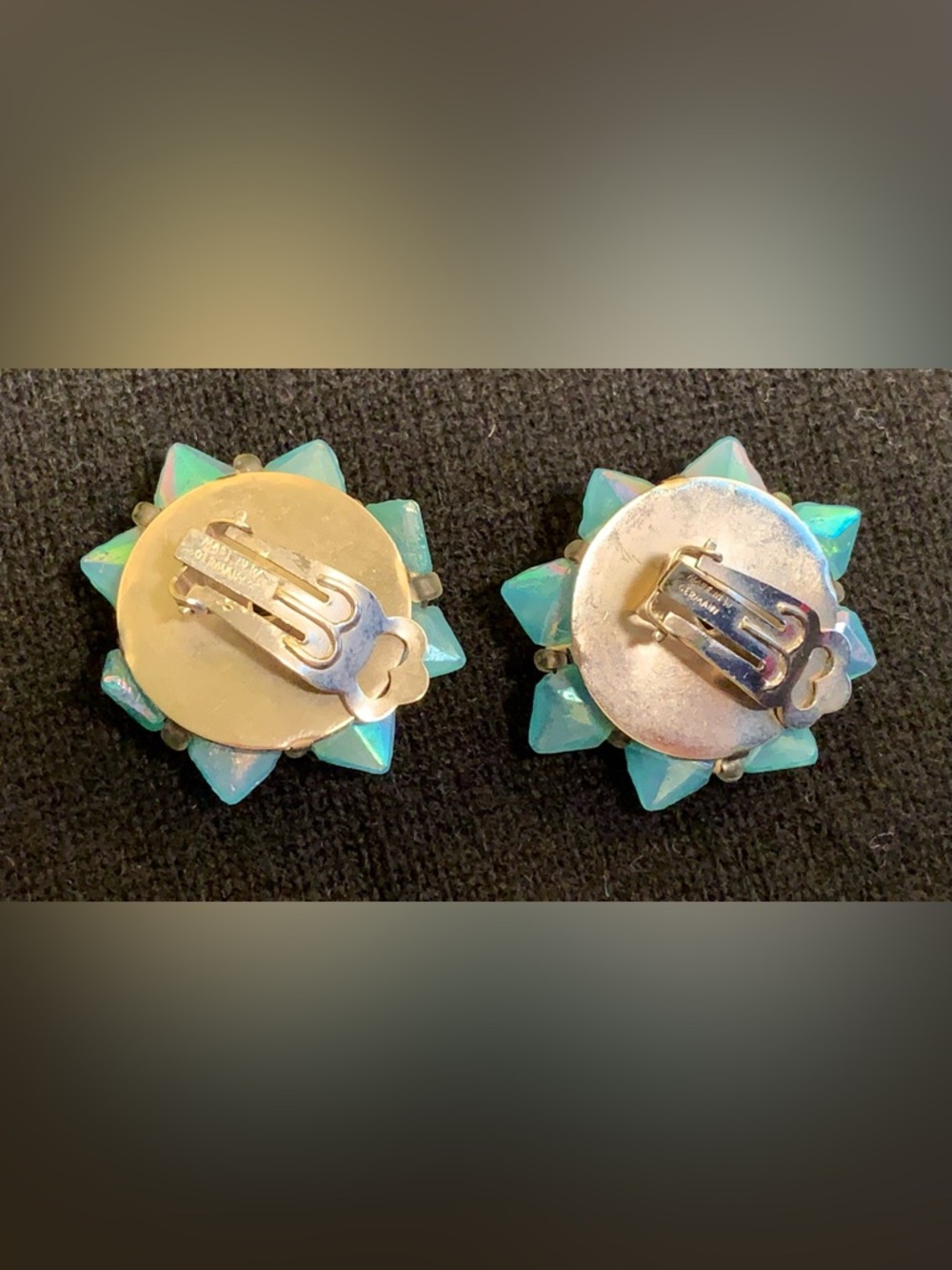 VTG Opalescent Aqua Cluster Clip Earrings Vintage Costume W Germany - Picture 4 of 8
